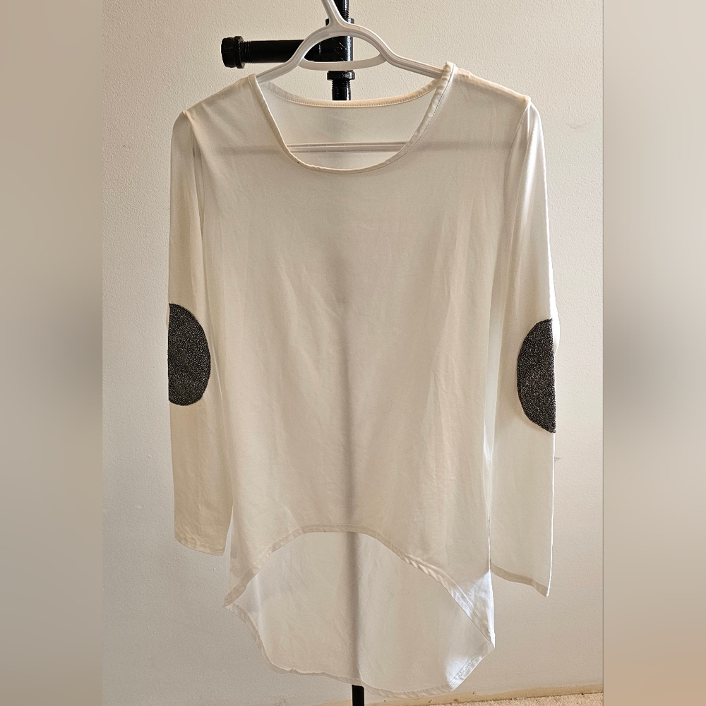 White High-Low Top/Tunic with Elbow Patches - Size Medium/Large
